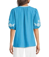 Calessa Petite Size Embroidered Split V-Neck Elbow Puff Sleeve Tunic