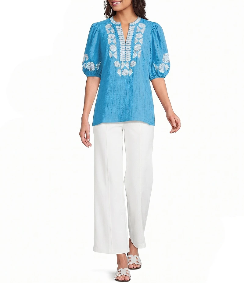 Calessa Petite Size Embroidered Split V-Neck Elbow Puff Sleeve Tunic