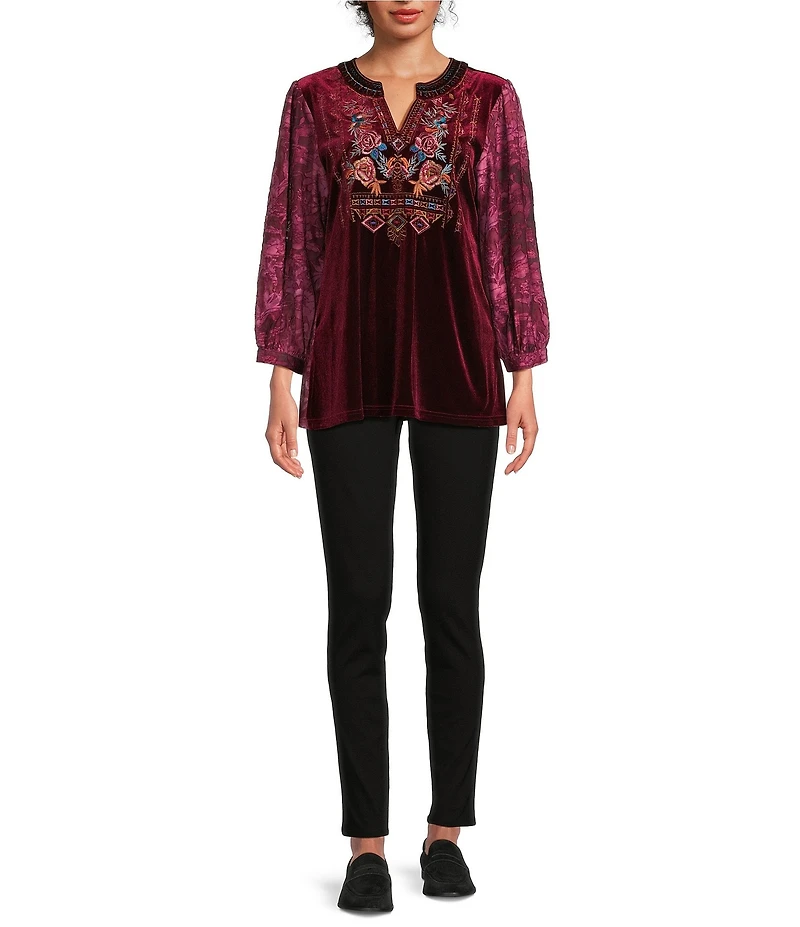 Calessa Petite Size Embroidered Split V-Neck 3/4 Floral Sleeve Velvet Knit Tunic