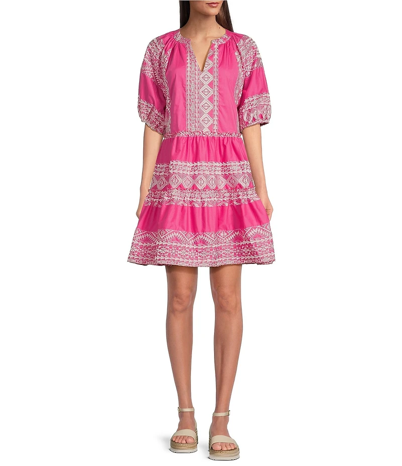 Calessa Petite Size Embroidered Split V-Neck 3/4 Puff Sleeve Shift Dress