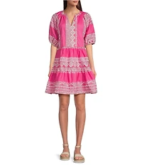 Calessa Petite Size Embroidered Split V-Neck 3/4 Puff Sleeve Shift Dress