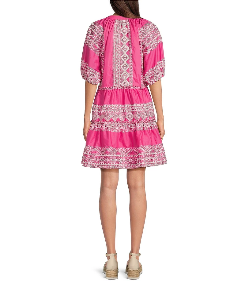 Calessa Petite Size Embroidered Split V-Neck 3/4 Puff Sleeve Shift Dress