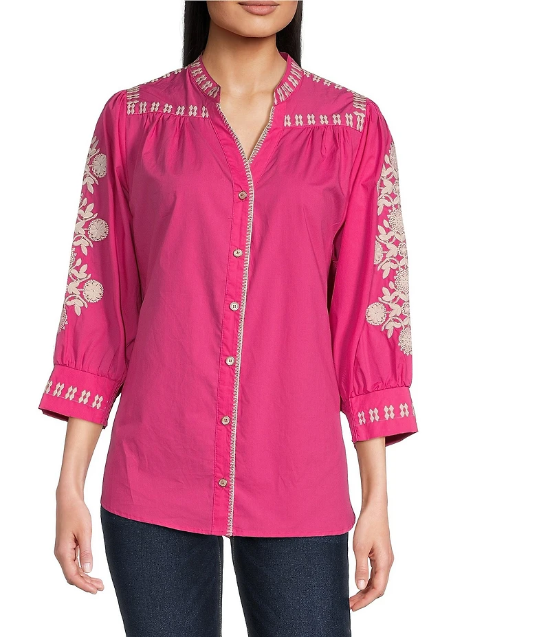Calessa Petite Size Embroidered Split V-Neck 3/4 Sleeve Button Front Shirt