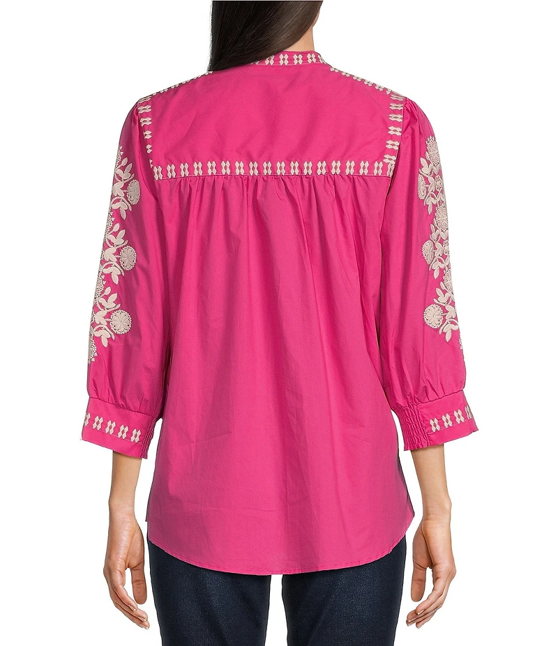 Calessa Petite Size Embroidered Split V-Neck 3/4 Sleeve Button Front Shirt