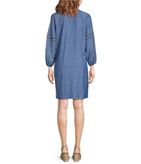 Calessa Petite Size Embroidered Split V-Neck 3/4 Sleeve Shift Dress