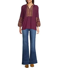 Calessa Petite Size Embroidered Split V-Neck Wrist Length Sleeve Tunic