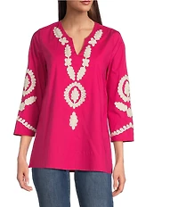 Calessa Petite Size Embroidered Split V-Neck 3/4 Sleeve Tunic
