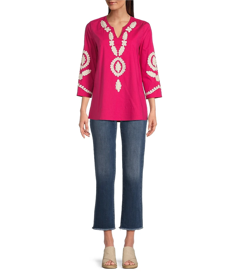 Calessa Petite Size Embroidered Split V-Neck 3/4 Sleeve Tunic