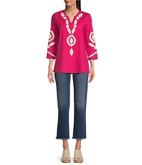 Calessa Petite Size Embroidered Split V-Neck 3/4 Sleeve Tunic