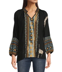 Calessa Petite Size Embroidered Split V-Neck Long Sleeve Tunic