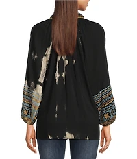 Calessa Petite Size Embroidered Split V-Neck Long Sleeve Tunic