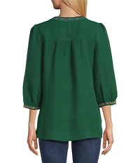 Calessa Petite Size Embroidered Split V-Neck 3/4 Sleeve Tunic