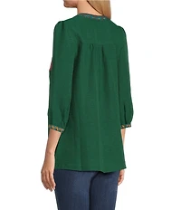Calessa Petite Size Embroidered Split V-Neck 3/4 Sleeve Tunic
