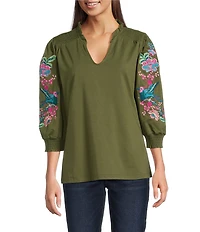 Calessa Petite Size Embroidered Split V-Neck Bracelet Balloon Sleeve Blouse