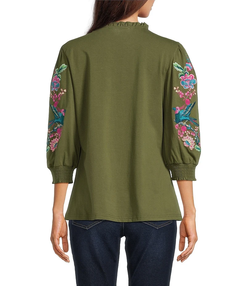 Calessa Petite Size Embroidered Split V-Neck Bracelet Balloon Sleeve Blouse
