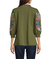 Calessa Petite Size Embroidered Split V-Neck Bracelet Balloon Sleeve Blouse