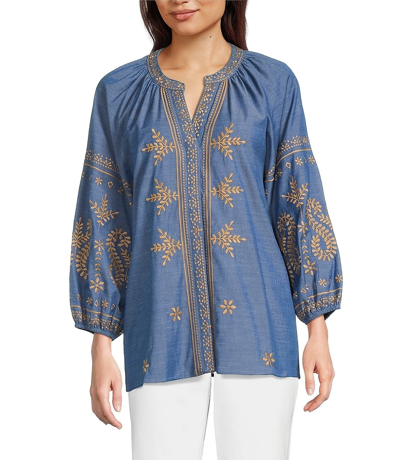 Calessa Petite Size Embroidered Split V-Neck Bracelet Sleeve Tunic