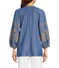 Calessa Petite Size Embroidered Split V-Neck Bracelet Sleeve Tunic