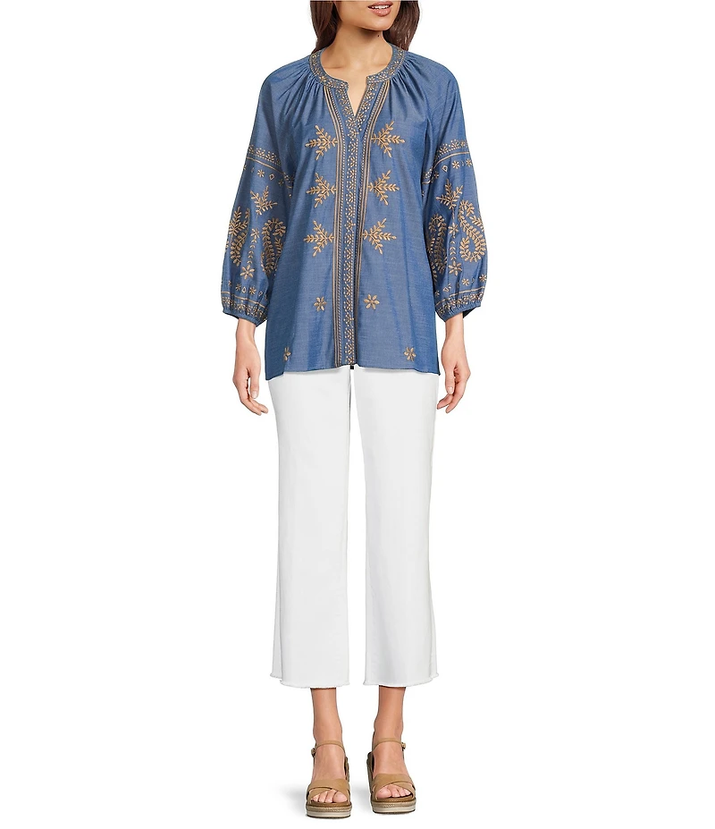 Calessa Petite Size Embroidered Split V-Neck Bracelet Sleeve Tunic