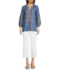 Calessa Petite Size Embroidered Split V-Neck Bracelet Sleeve Tunic