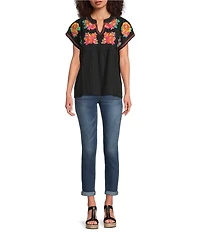 Calessa Petite Size Embroidered Split V-Neck Cap Sleeve Tunic
