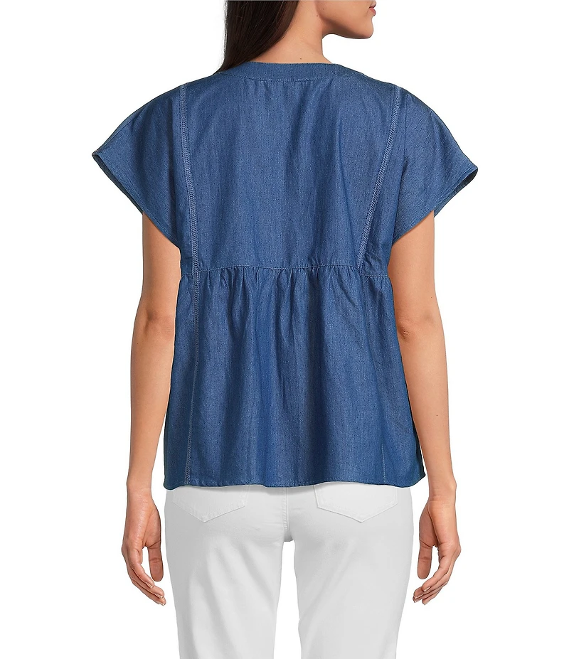 Calessa Petite Size Embroidered Chambray Split V-Neck Cap Sleeve Tunic