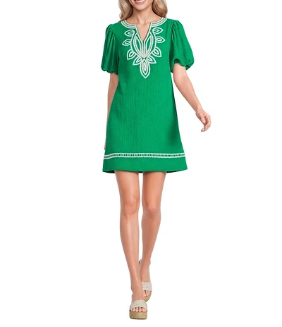 Calessa Petite Size Embroidered Split V-Neck Elbow Balloon Sleeve Shift Dress