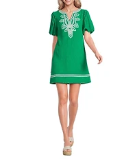 Calessa Petite Size Embroidered Split V-Neck Elbow Balloon Sleeve Shift Dress