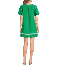 Calessa Petite Size Embroidered Split V-Neck Elbow Balloon Sleeve Shift Dress