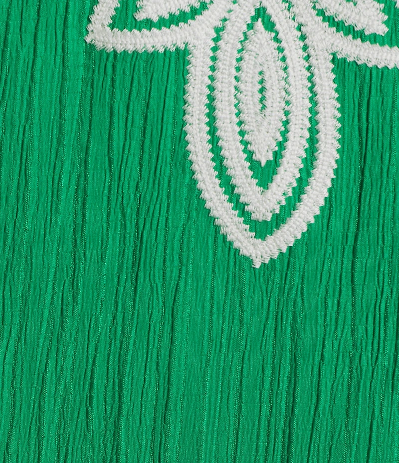 Calessa Petite Size Embroidered Split V-Neck Elbow Balloon Sleeve Shift Dress