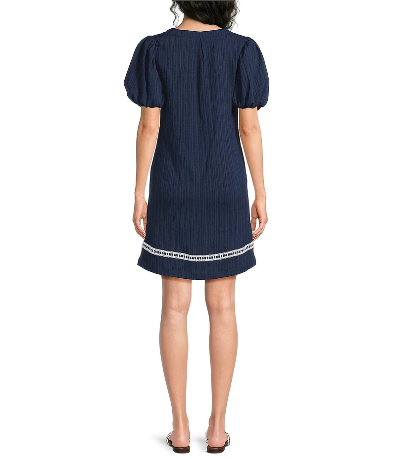 Calessa Petite Size Embroidered Split V-Neck Elbow Balloon Sleeve Shift Dress