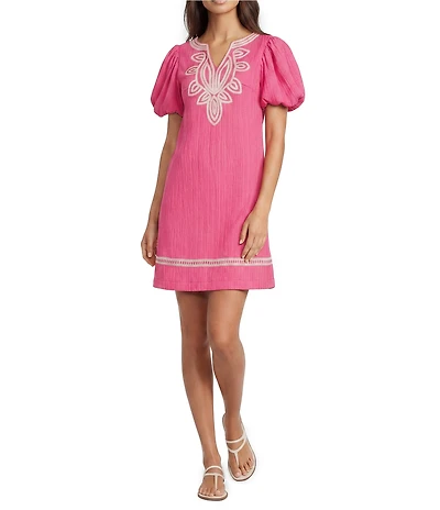 Calessa Petite Size Embroidered Split V-Neck Elbow Balloon Sleeve Shift Dress