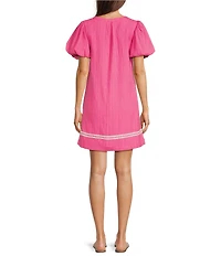 Calessa Petite Size Embroidered Split V-Neck Elbow Balloon Sleeve Shift Dress