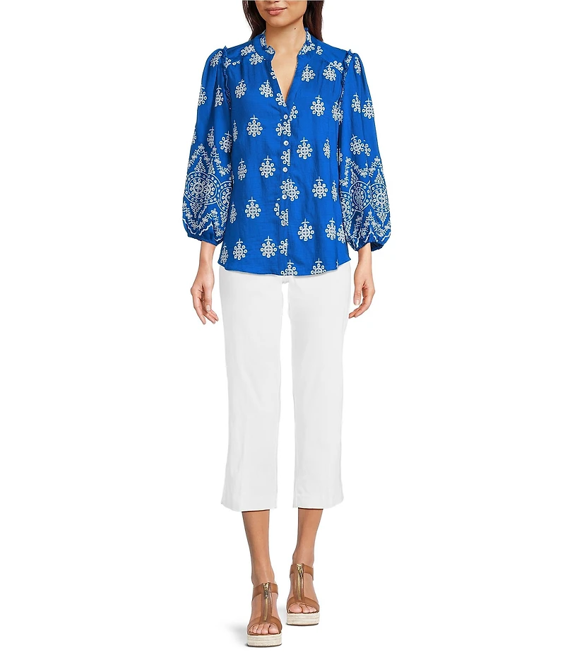 Calessa Petite Size Embroidered Split V-Neck Long Sleeve Button Front Tunic