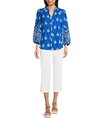 Calessa Petite Size Embroidered Split V-Neck Long Sleeve Button Front Tunic