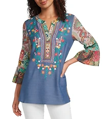 Calessa Petite Size Embroidered Split V-Neck Patchwork-Sleeve Tunic