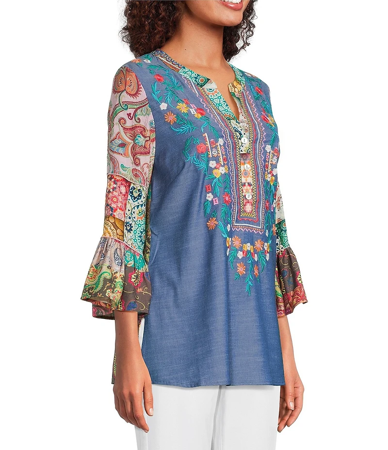 Calessa Petite Size Embroidered Split V-Neck Patchwork-Sleeve Tunic
