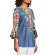 Calessa Petite Size Embroidered Split V-Neck Patchwork-Sleeve Tunic