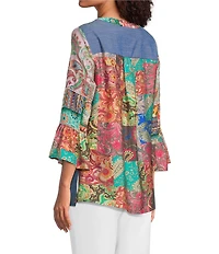 Calessa Petite Size Embroidered Split V-Neck Patchwork-Sleeve Tunic
