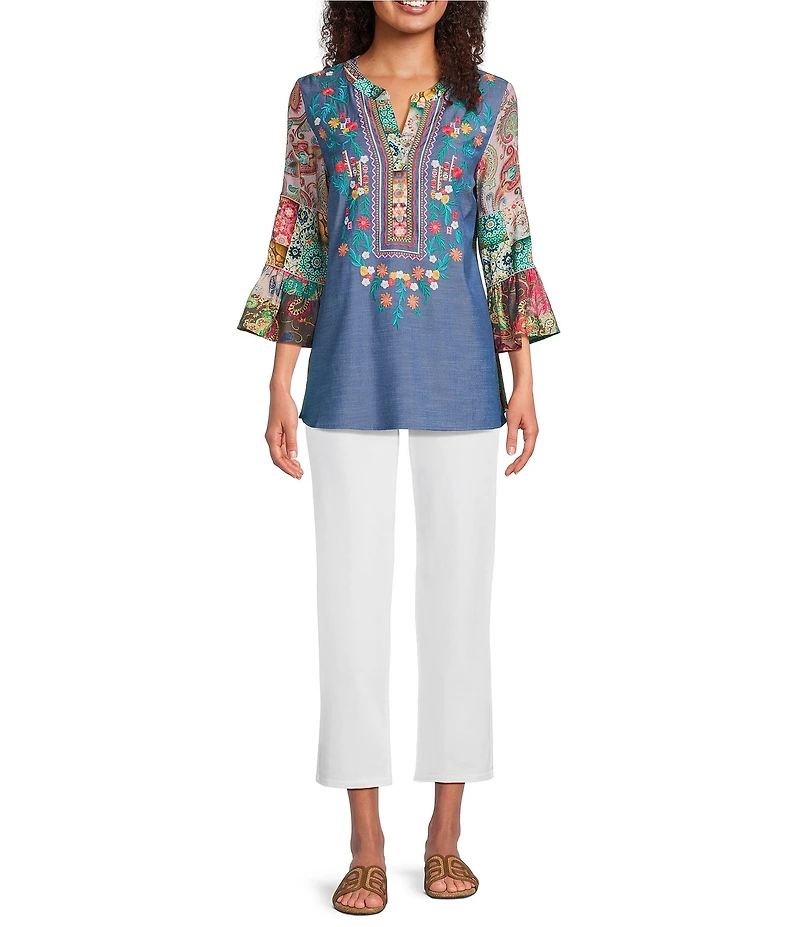 Calessa Petite Size Embroidered Split V-Neck Patchwork-Sleeve Tunic