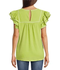 Calessa Petite Size Embroidered Split V-Neck Ruffle Cap Sleeve Tunic