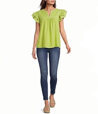 Calessa Petite Size Embroidered Split V-Neck Ruffle Cap Sleeve Tunic