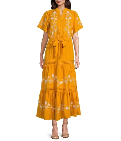 Calessa Petite Size Embroidered Split V-Neck Short Balloon Sleeve A-Line Tiered Belted Maxi Dress