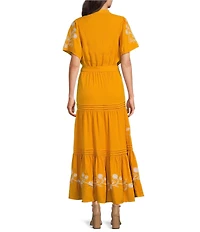 Calessa Petite Size Embroidered Split V-Neck Short Balloon Sleeve A-Line Tiered Belted Maxi Dress