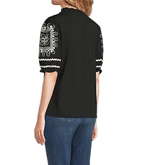 Calessa Petite Size Embroidered Split V-Neck Short Balloon Sleeve Blouse