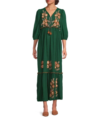 Calessa Petite Size Embroidered Split V-Neck Short Balloon Sleeve Empire Waist Midi Dress