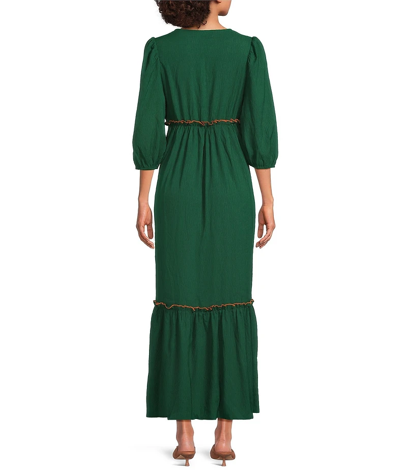 Calessa Petite Size Embroidered Split V-Neck Short Balloon Sleeve Empire Waist Midi Dress