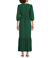 Calessa Petite Size Embroidered Split V-Neck Short Balloon Sleeve Empire Waist Midi Dress