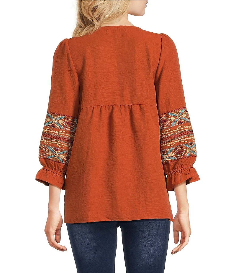 Calessa Petite Size Embroidered Square Neck 3/4 Bell Sleeve Tunic