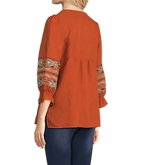 Calessa Petite Size Embroidered Square Neck 3/4 Bell Sleeve Tunic